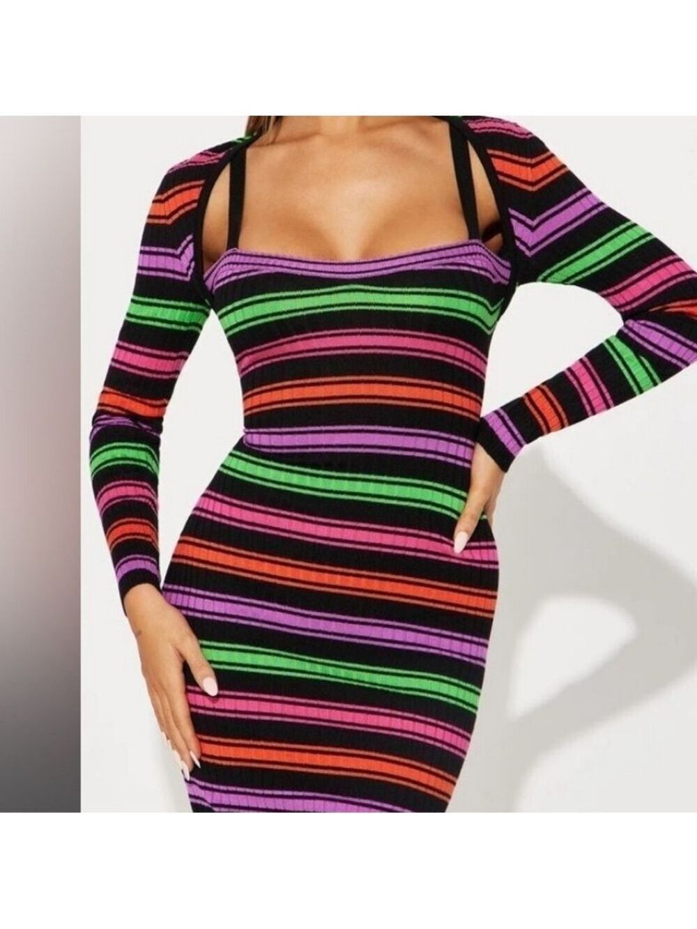[NWT] Fashion Nova Kayla Stripe Sweater Midi Dress - Black/Combo - Size Medium